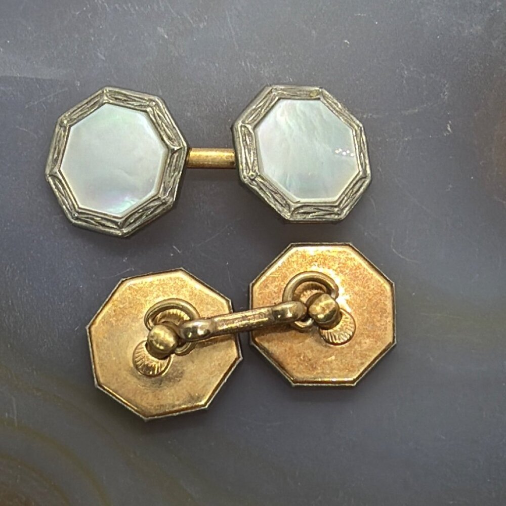 Vintage Art Deco Mother of Pearl Rolled Gold Plate Tuxedo Double Sided Cufflinks - Picture 9 of 14